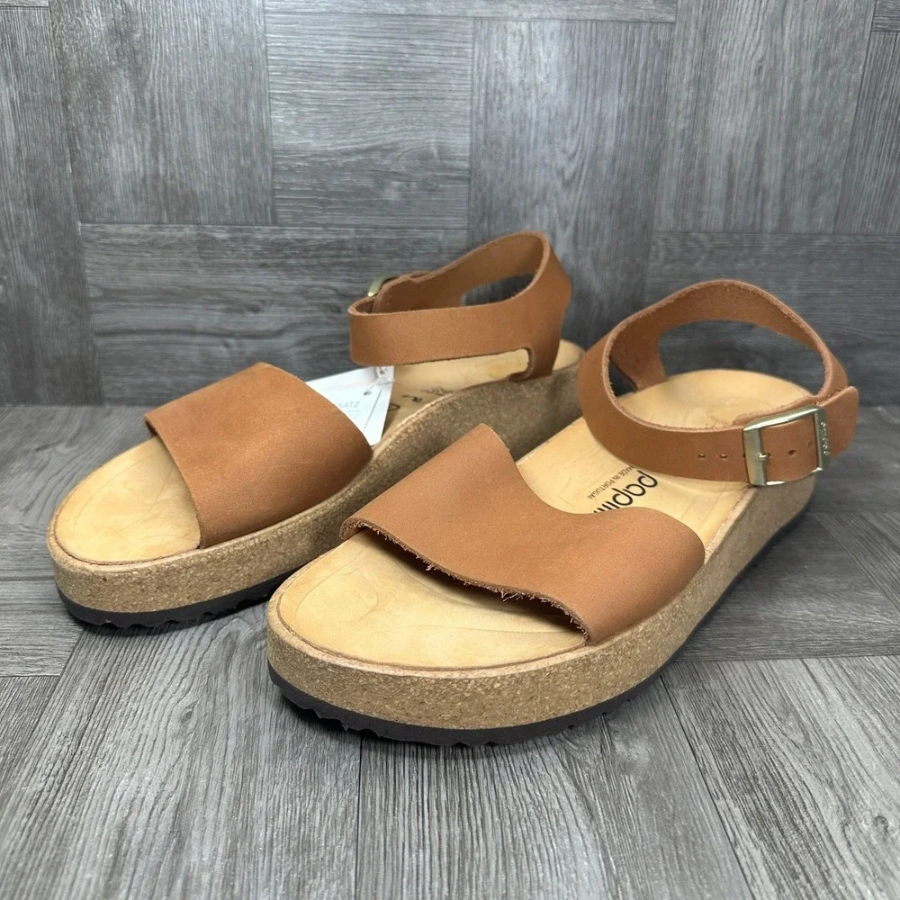 Papillio Sandals Womens 8 Cognac Brown Leather Platform Chunky Ankle Strap NEW